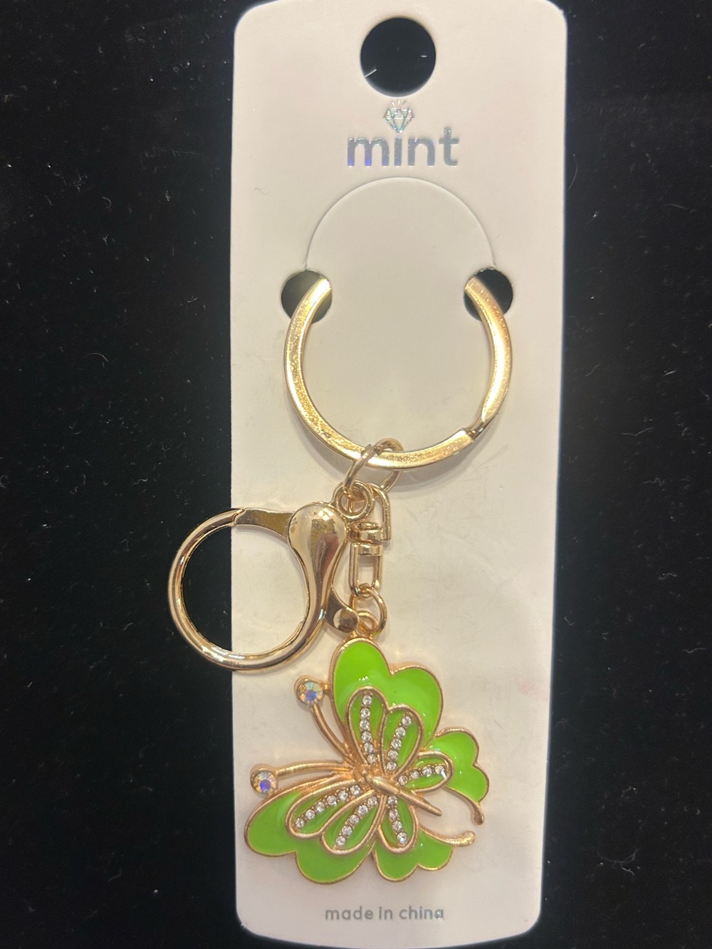 Mint Green Butterfly Rhinestone Keychain Bag Charm Gold Tone